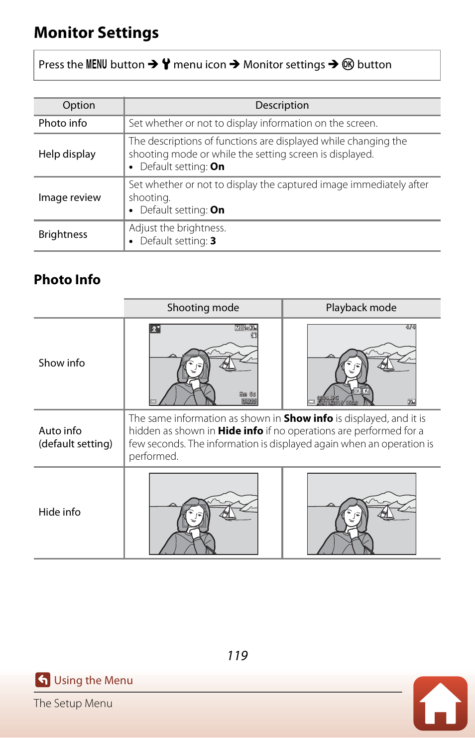 Monitor settings, A119), Photo info | Using the menu the setup menu | Nikon Coolpix A300 User Manual | Page 134 / 179