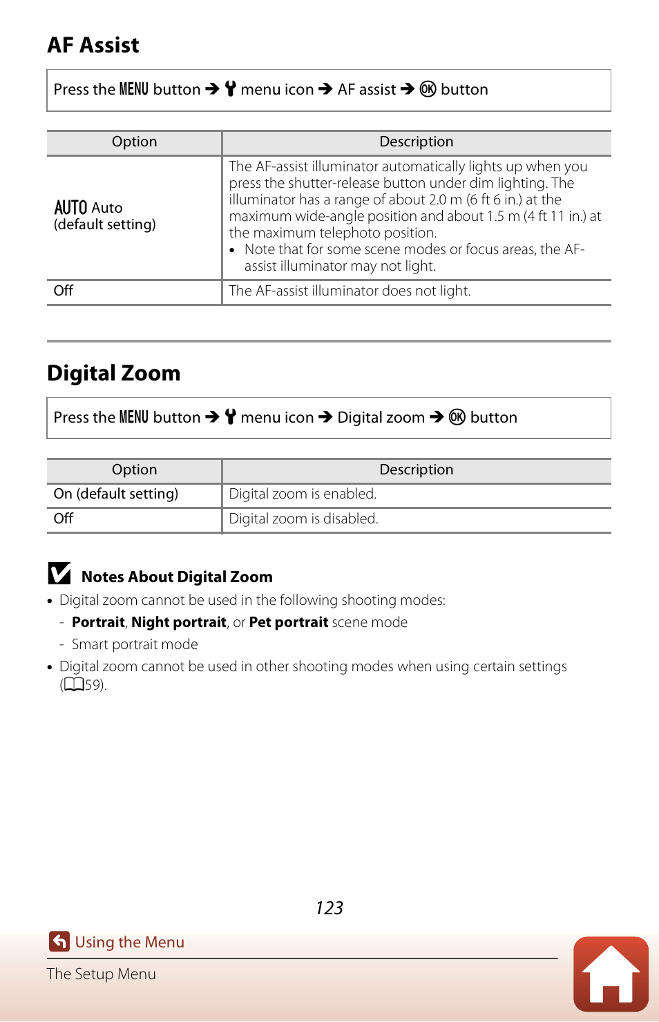 Af assist, Digital zoom, A123) | Af assist digital zoom | Nikon Coolpix A300 User Manual | Page 138 / 179