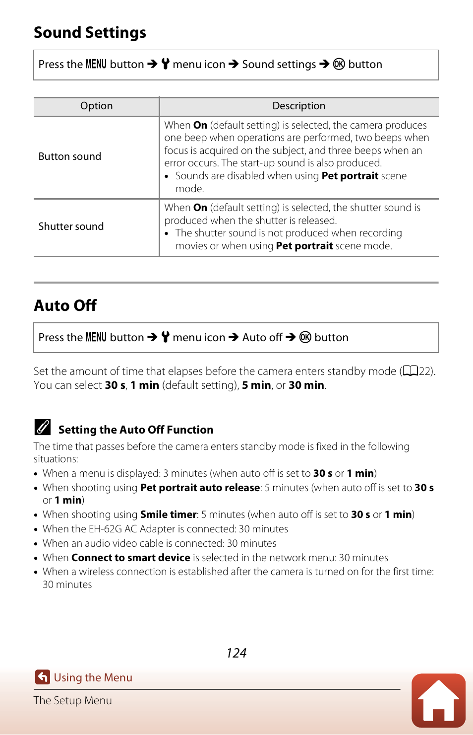 Sound settings, Auto off, A124) in | Sound settings auto off | Nikon Coolpix A300 User Manual | Page 139 / 179