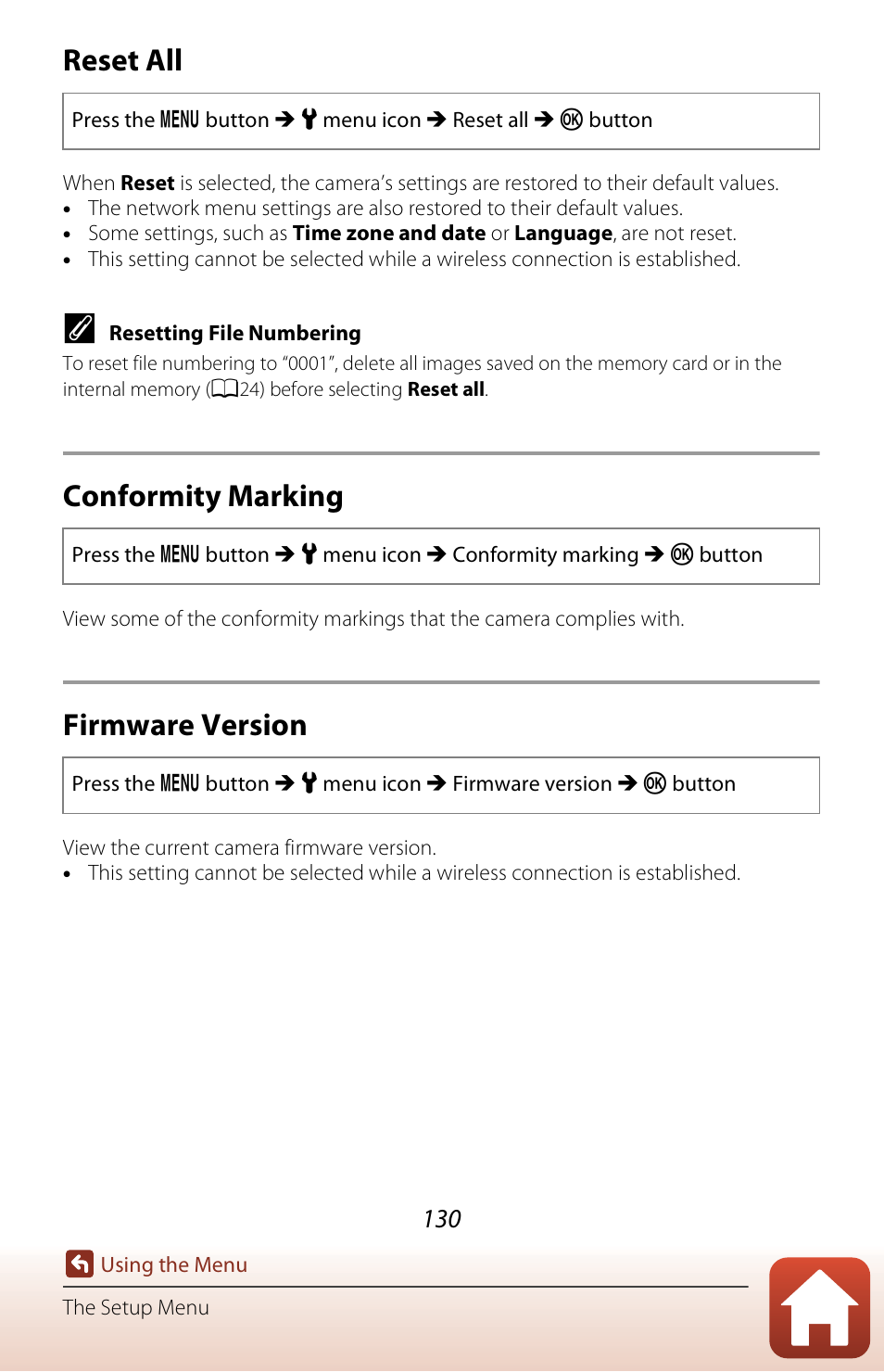 Reset all, Conformity marking, Firmware version | A130) | Nikon Coolpix A300 User Manual | Page 145 / 179