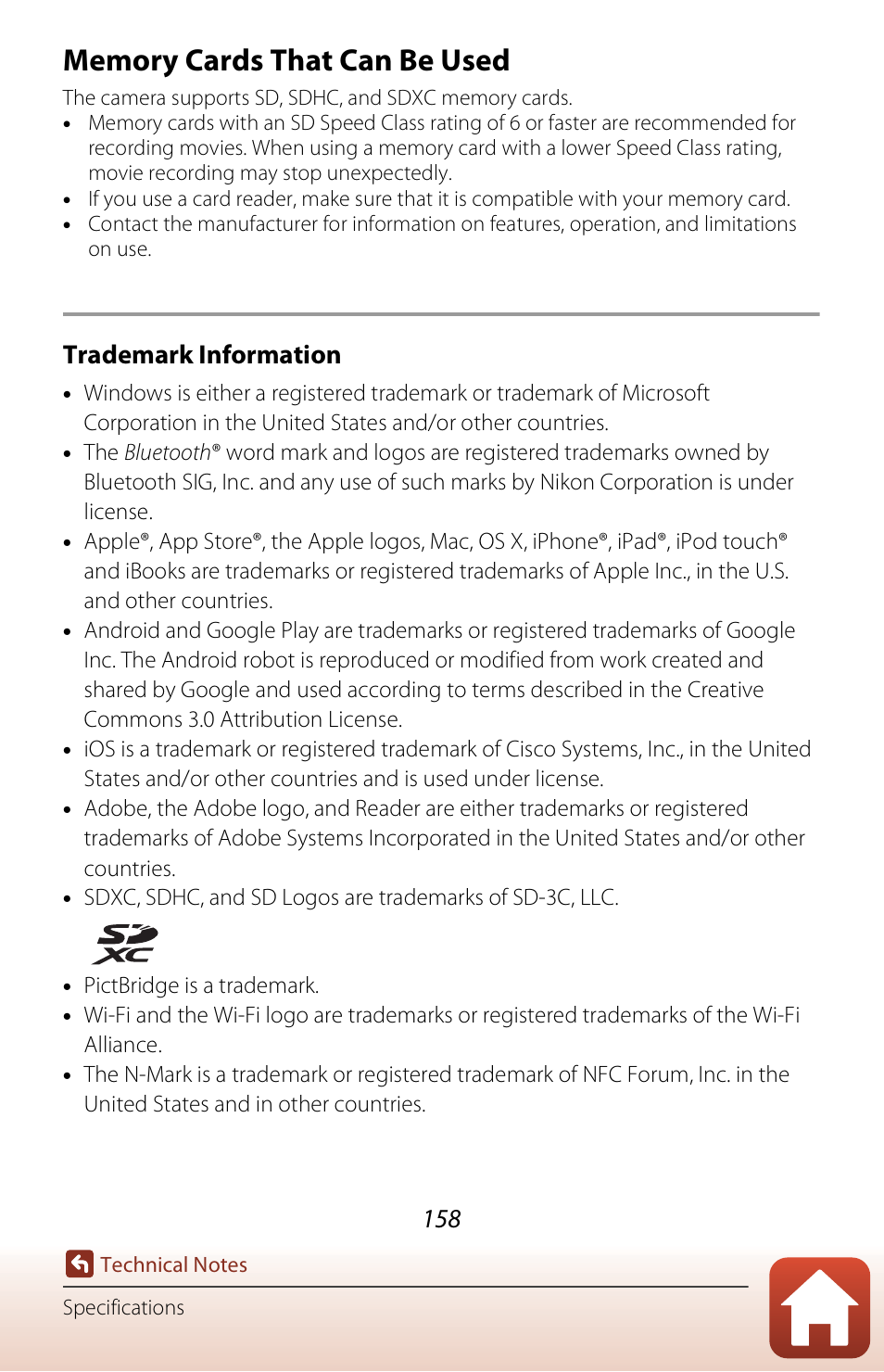 Memory cards that can be used, Trademark information | Nikon Coolpix A300 User Manual | Page 173 / 179