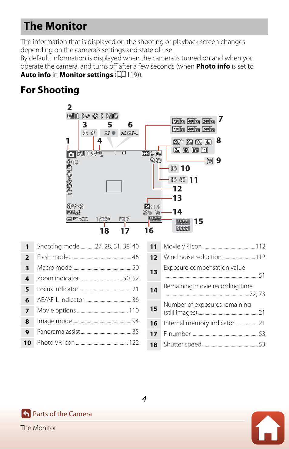 The monitor, For shooting | Nikon Coolpix A300 User Manual | Page 19 / 179