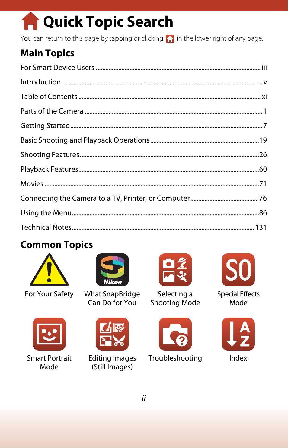 Quick topic search, Main topics, Common topics | Nikon Coolpix A300 User Manual | Page 2 / 179