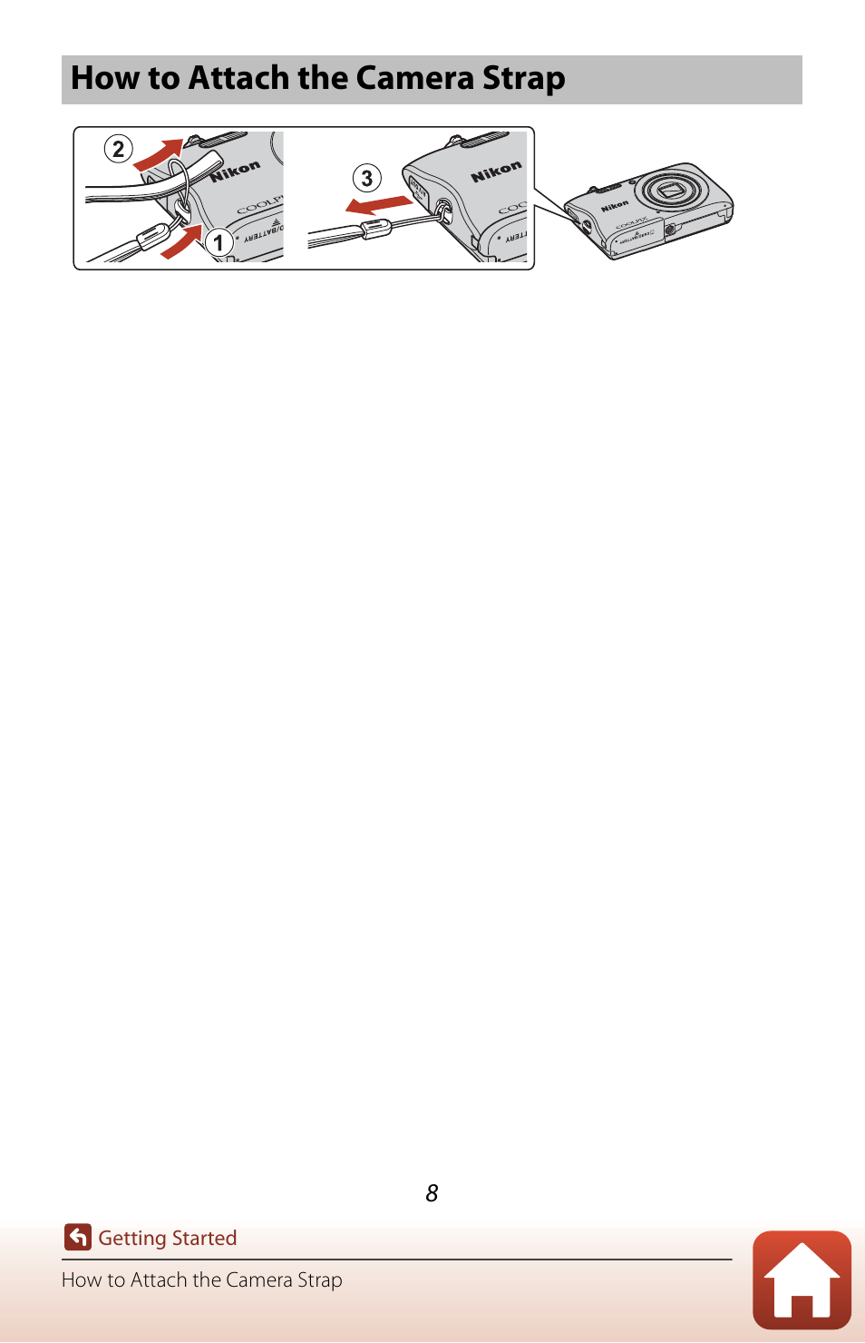 How to attach the camera strap | Nikon Coolpix A300 User Manual | Page 23 / 179