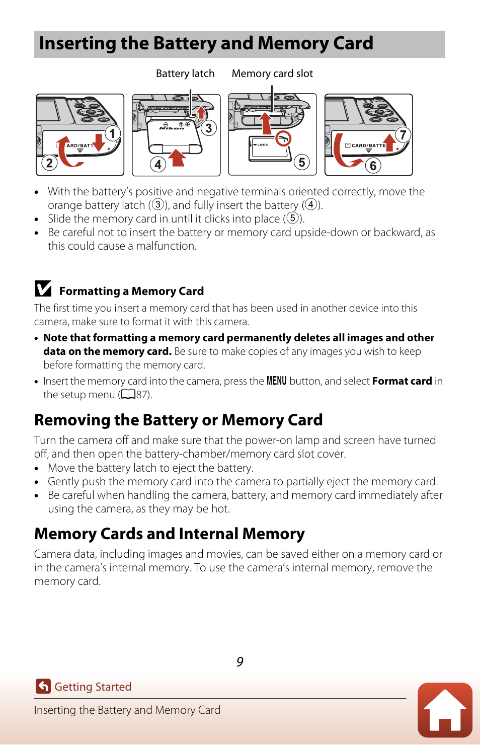 Inserting the battery and memory card, Removing the battery or memory card, Memory cards and internal memory | Nikon Coolpix A300 User Manual | Page 24 / 179