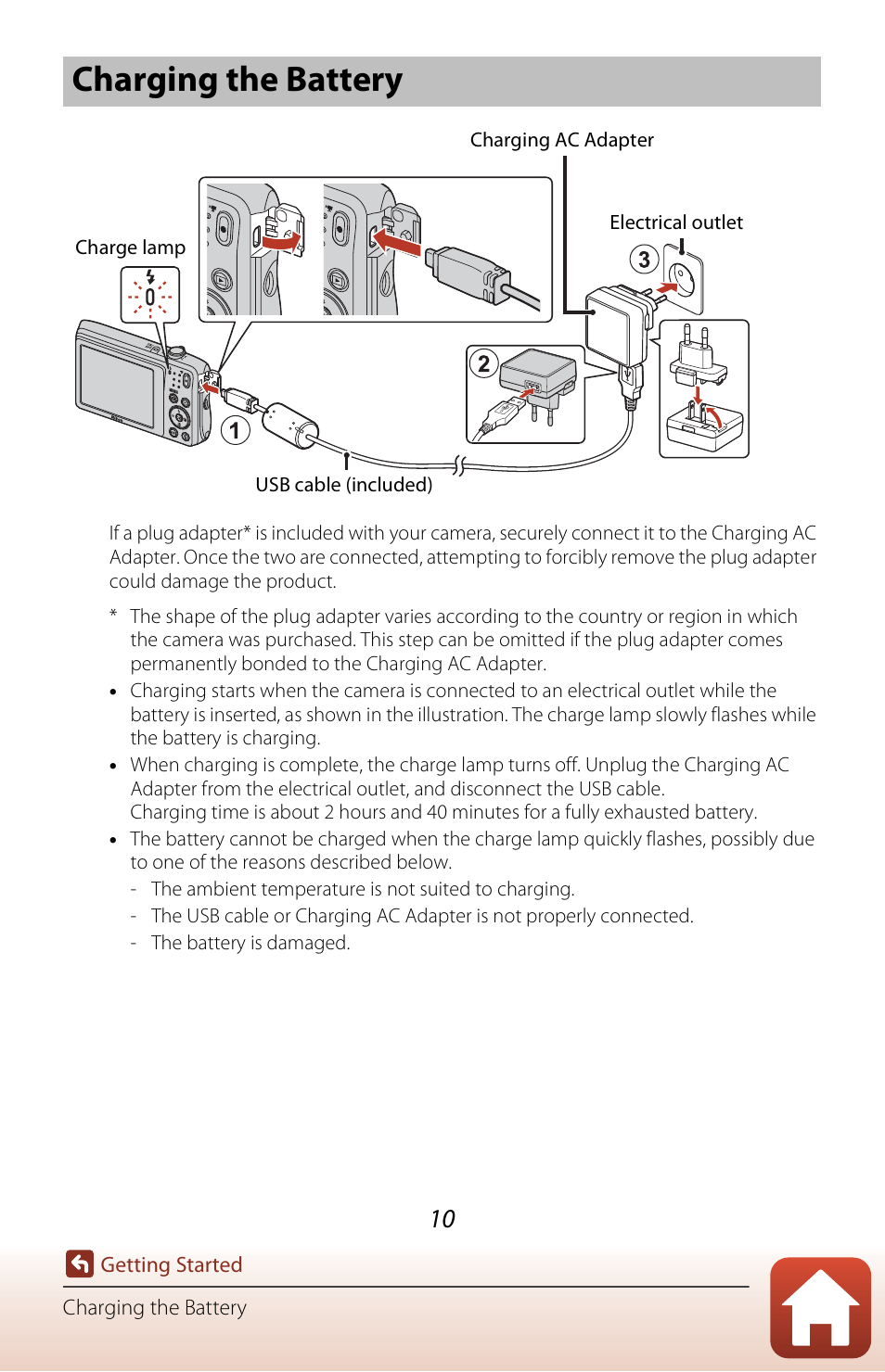Charging the battery | Nikon Coolpix A300 User Manual | Page 25 / 179