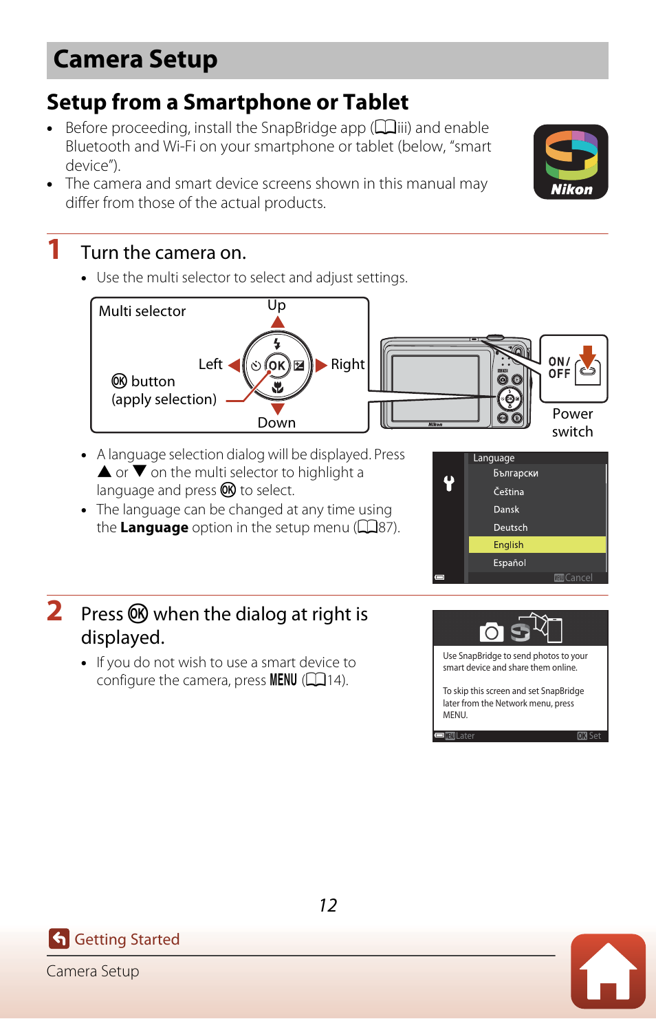 Camera setup, Setup from a smartphone or tablet, Turn the camera on | Press k when the dialog at right is displayed | Nikon Coolpix A300 User Manual | Page 27 / 179