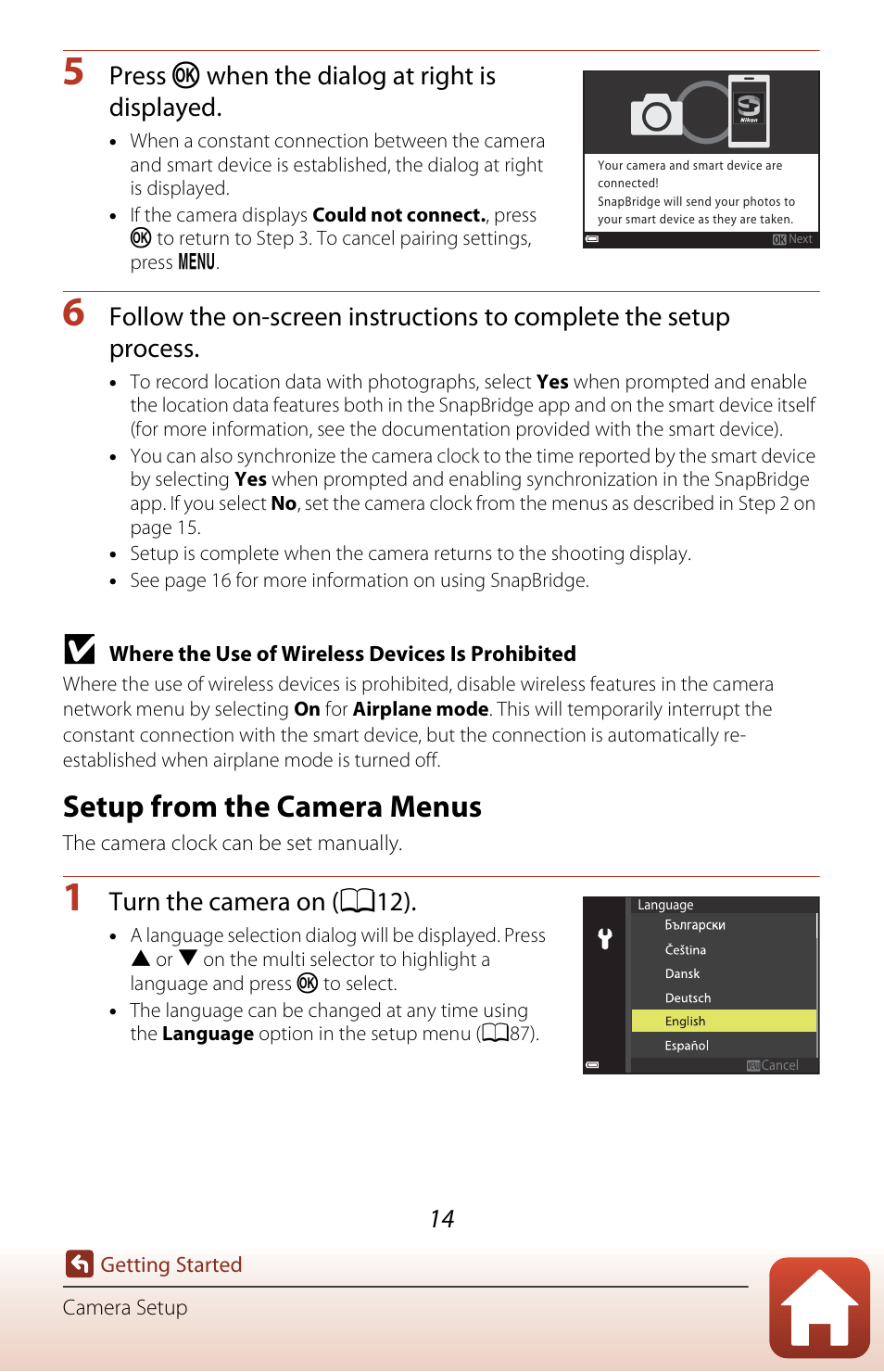 Setup from the camera menus, A14), Press k when the dialog at right is displayed | Turn the camera on ( a12 ) | Nikon Coolpix A300 User Manual | Page 29 / 179