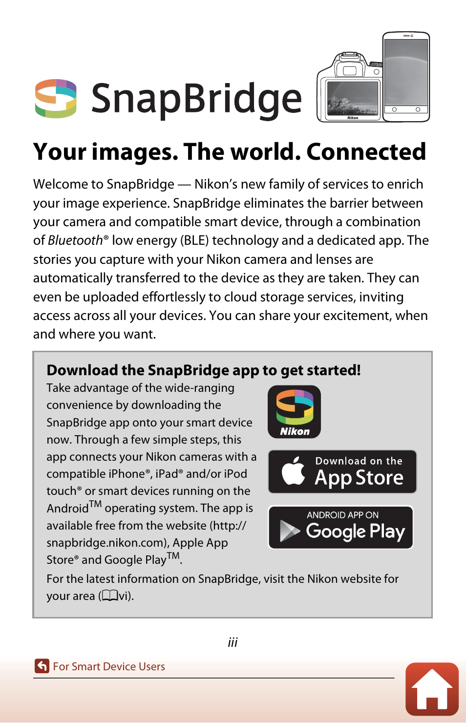 For smart device users, Your images. the world. connected | Nikon Coolpix A300 User Manual | Page 3 / 179
