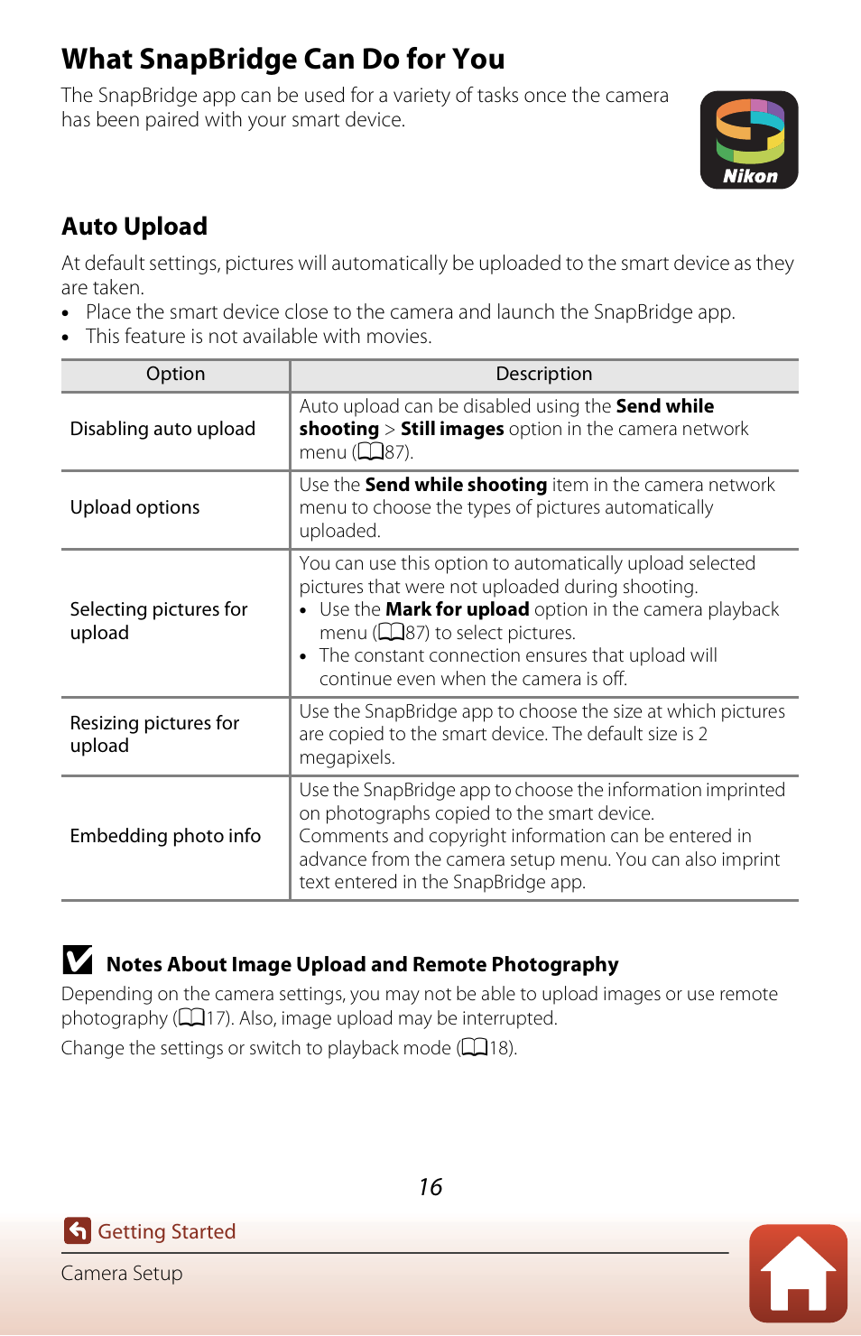 What snapbridge can do for you, 16 for m, Auto upload | Nikon Coolpix A300 User Manual | Page 31 / 179