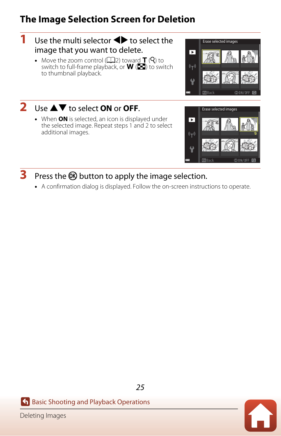 The image selection screen for deletion, Use hi to select on or off, Press the k button to apply the image selection | Nikon Coolpix A300 User Manual | Page 40 / 179