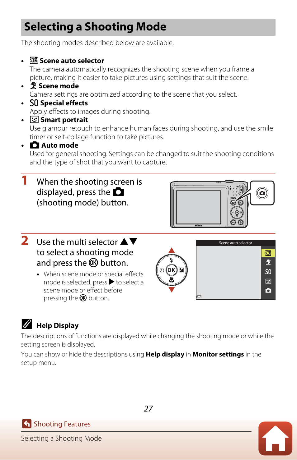 Selecting a shooting mode | Nikon Coolpix A300 User Manual | Page 42 / 179