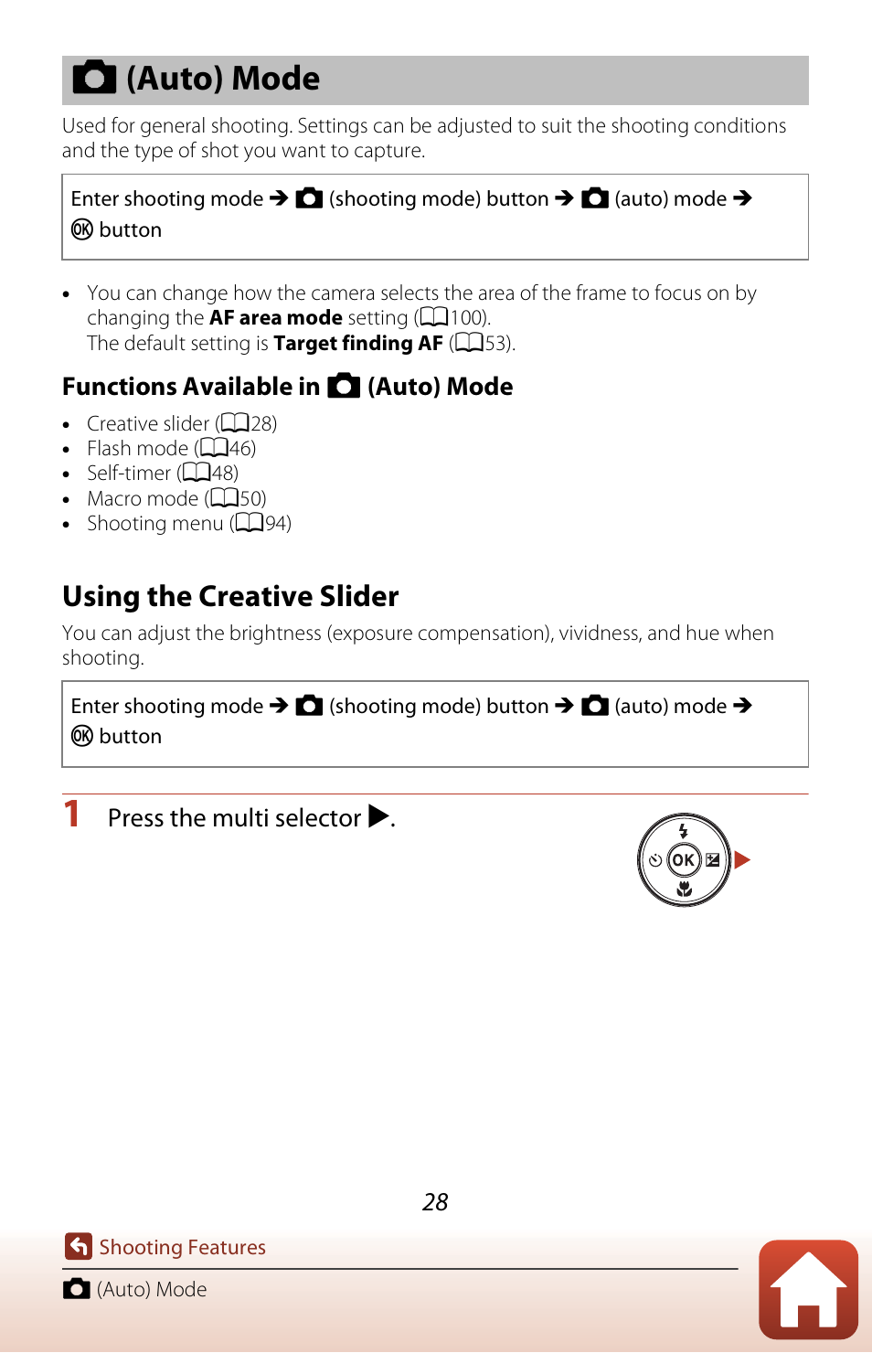 Auto mode, Using the creative slider, A (auto) mode | Nikon Coolpix A300 User Manual | Page 43 / 179