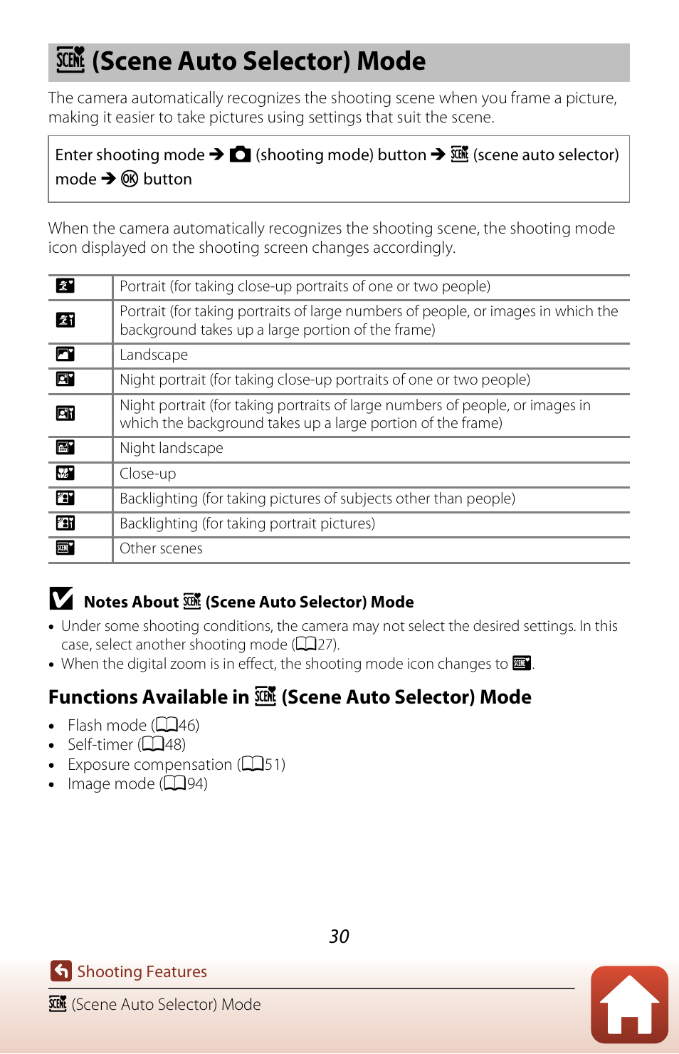 Scene auto selector mode, X (scene auto selector) mode | Nikon Coolpix A300 User Manual | Page 45 / 179