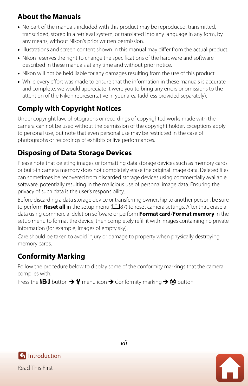 About the manuals, Comply with copyright notices, Disposing of data storage devices | Conformity marking | Nikon Coolpix A300 User Manual | Page 7 / 179