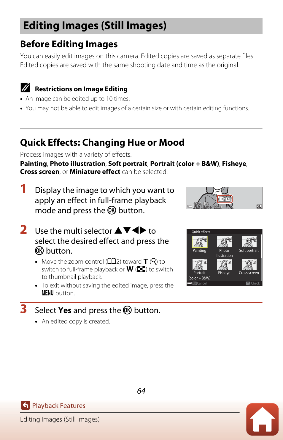 Editing images (still images), Before editing images, Quick effects: changing hue or mood | Select yes and press the k button | Nikon Coolpix A300 User Manual | Page 79 / 179