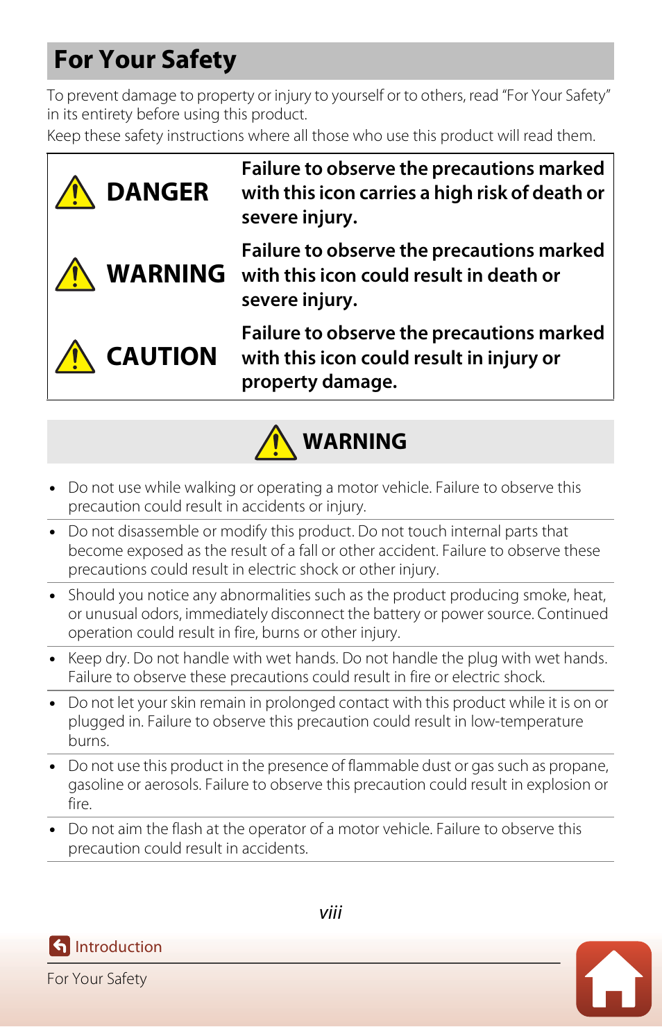 For your safety, For your safety danger, Warning | Caution | Nikon Coolpix A300 User Manual | Page 8 / 179