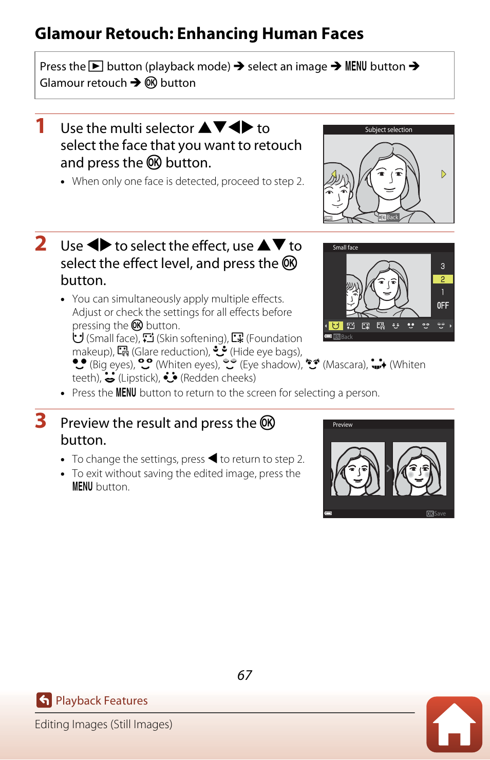 Glamour retouch: enhancing human faces, A67), Preview the result and press the k button | Nikon Coolpix A300 User Manual | Page 82 / 179