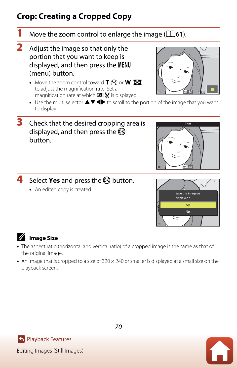Crop: creating a cropped copy | Nikon Coolpix A300 User Manual | Page 85 / 179