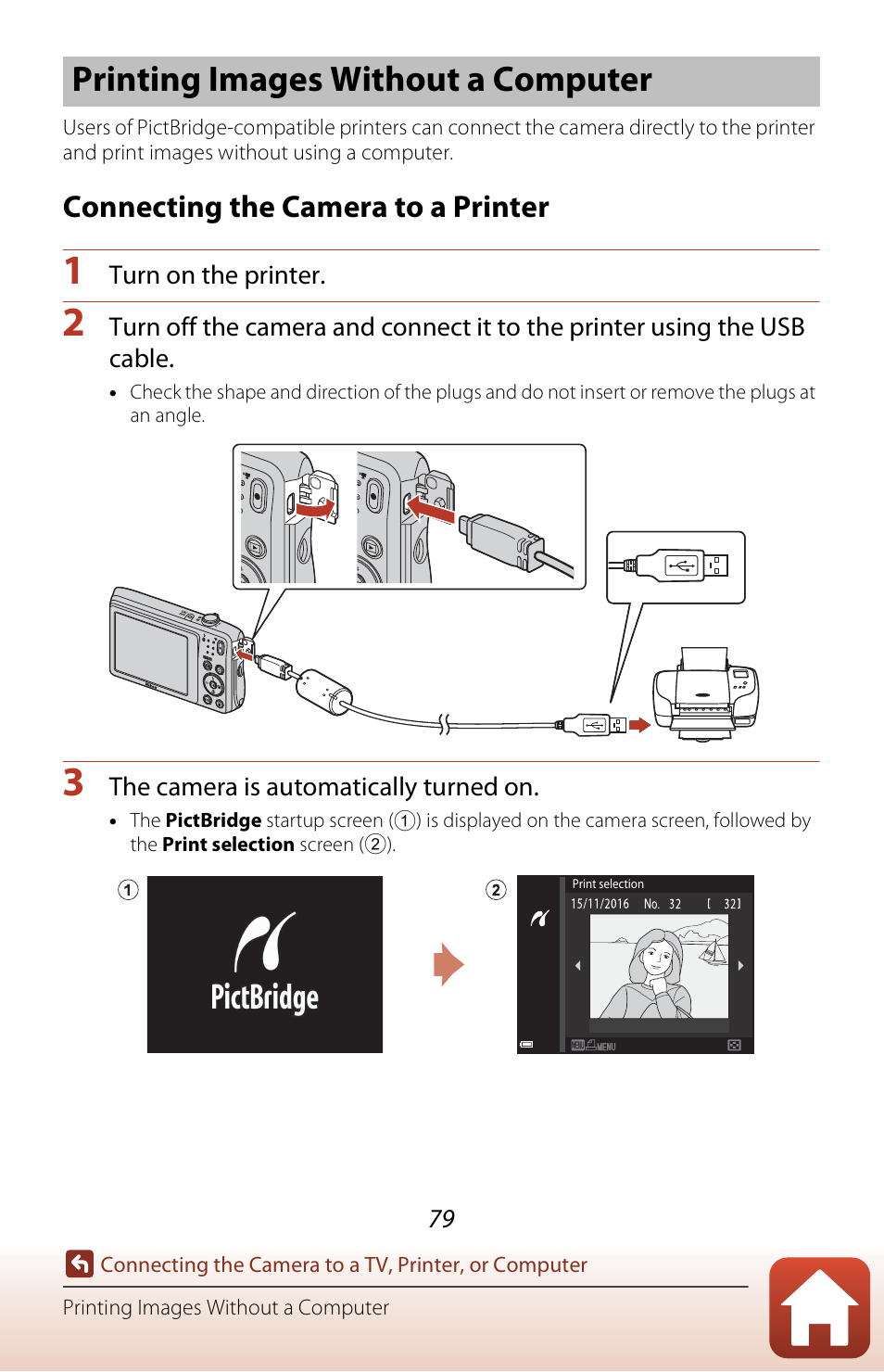 Printing images without a computer, Connecting the camera to a printer | Nikon Coolpix A300 User Manual | Page 94 / 179