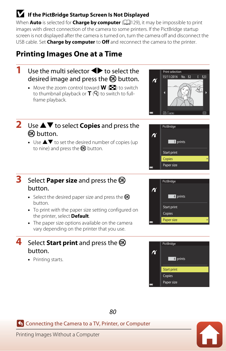 Printing images one at a time, Use hi to select copies and press the k button, Select paper size and press the k button | Select start print and press the k button | Nikon Coolpix A300 User Manual | Page 95 / 179