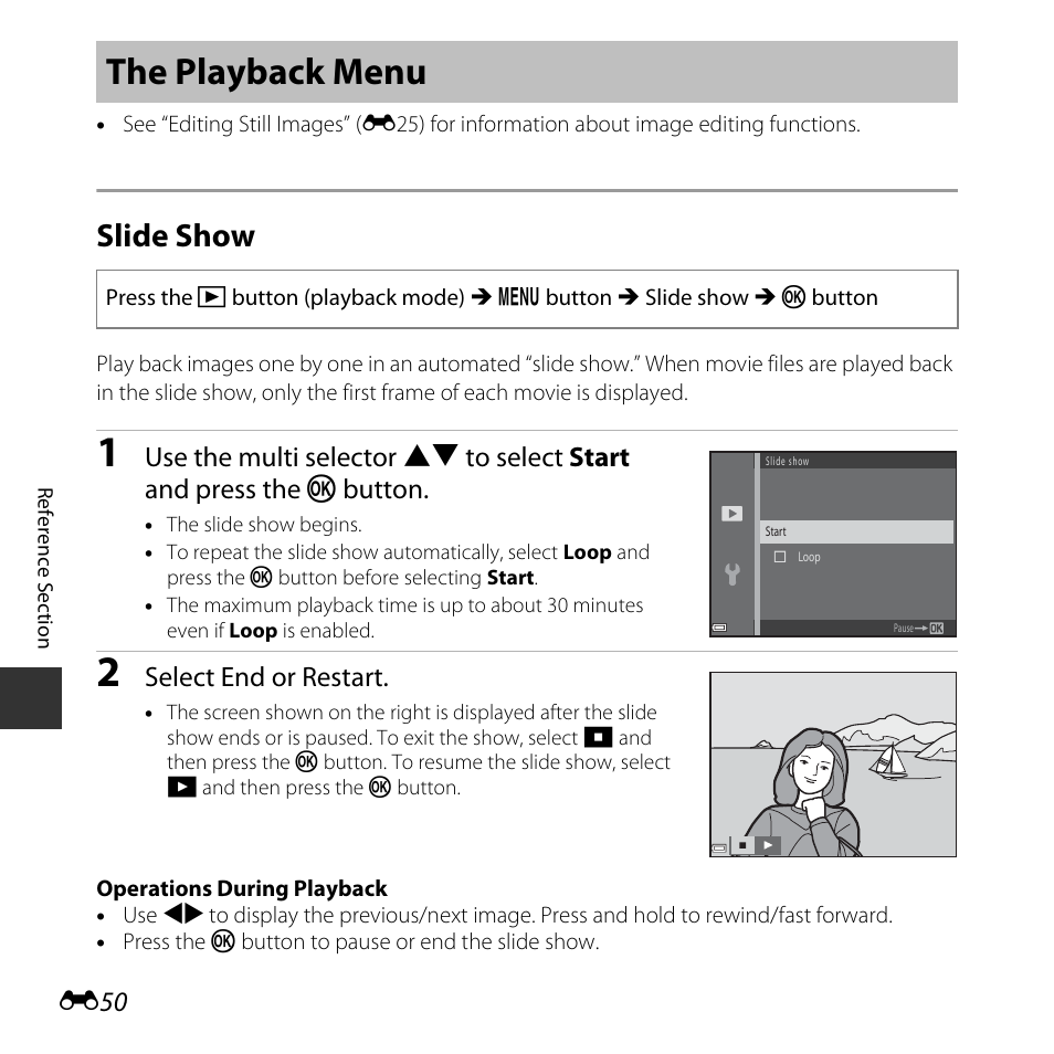 The playback menu, Slide show, E50) | Select end or restart | Nikon Coolpix A10 User Manual | Page 100 / 147
