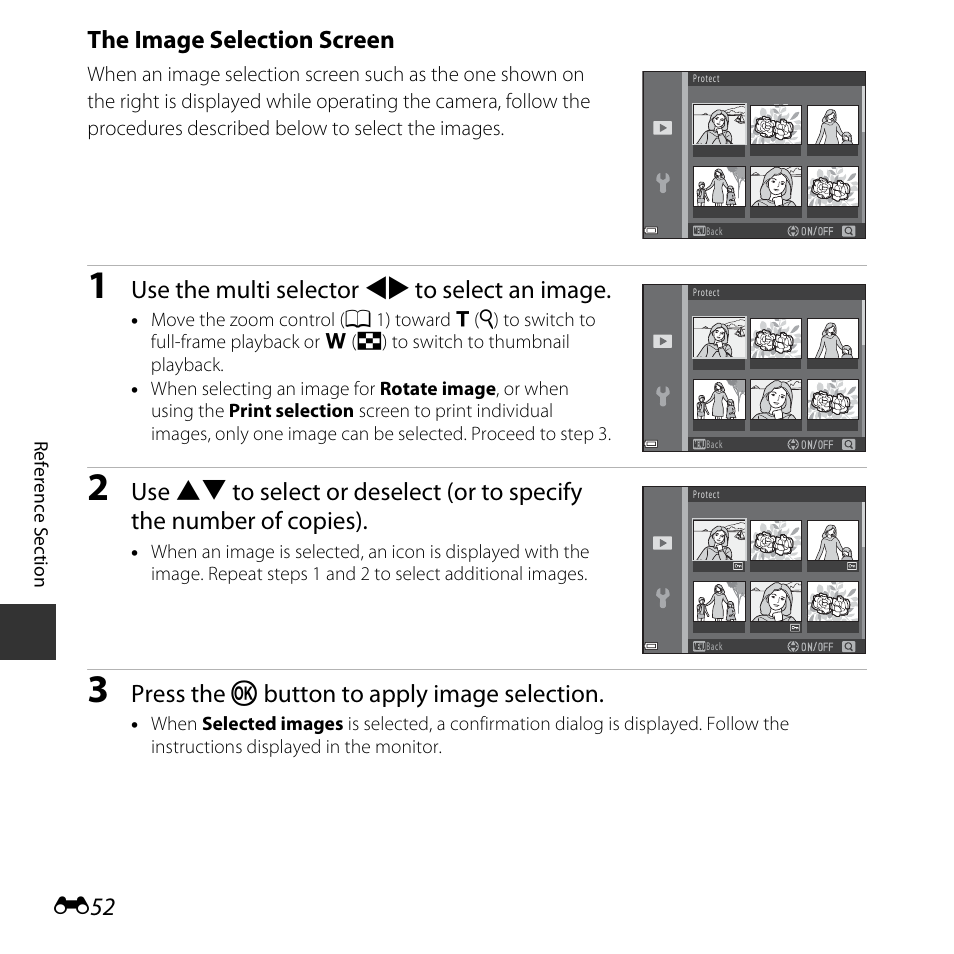 The image selection screen, Use the multi selector jk to select an image, Press the k button to apply image selection | Nikon Coolpix A10 User Manual | Page 102 / 147