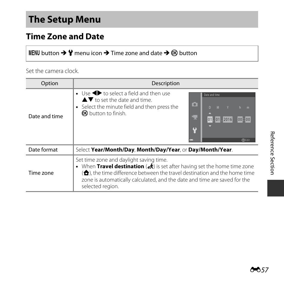 The setup menu, Time zone and date, E57) | Nikon Coolpix A10 User Manual | Page 107 / 147