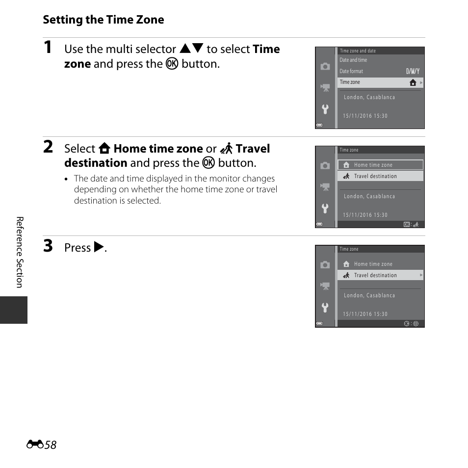 Setting the time zone, Press k | Nikon Coolpix A10 User Manual | Page 108 / 147