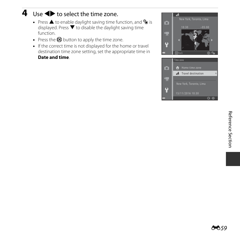 Use jk to select the time zone | Nikon Coolpix A10 User Manual | Page 109 / 147