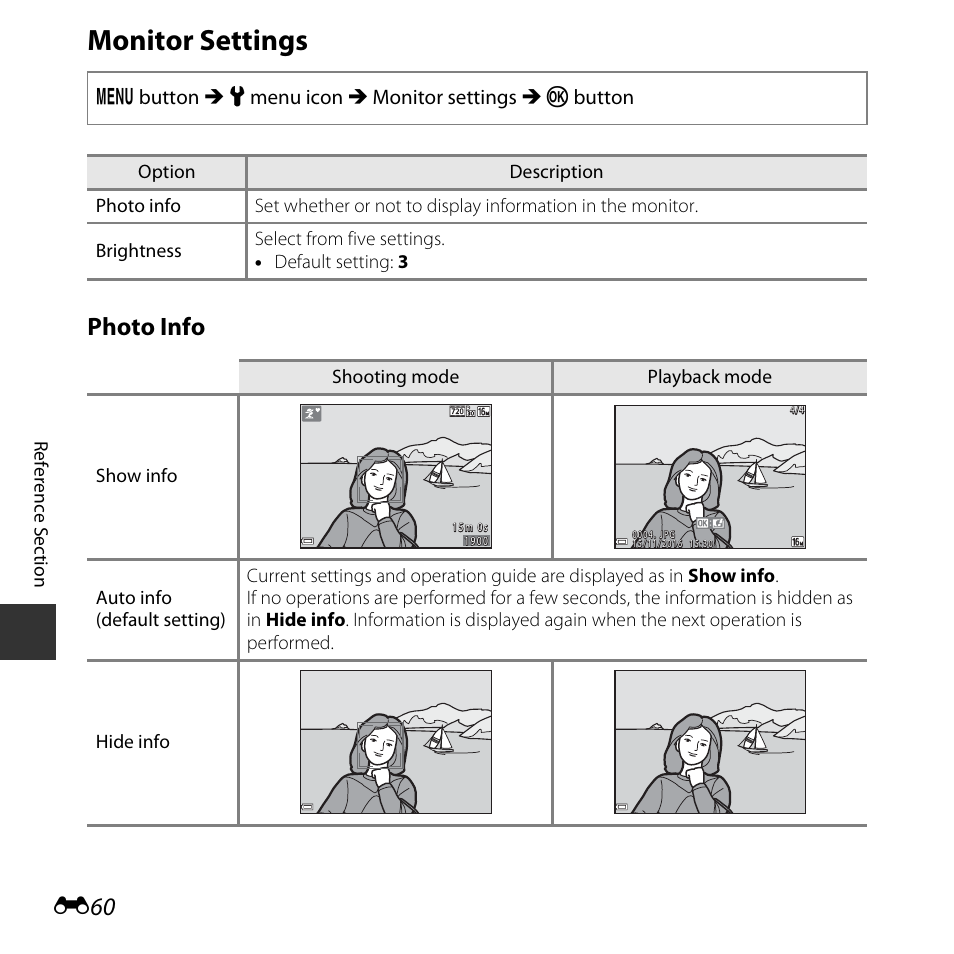 Monitor settings, Photo info | Nikon Coolpix A10 User Manual | Page 110 / 147