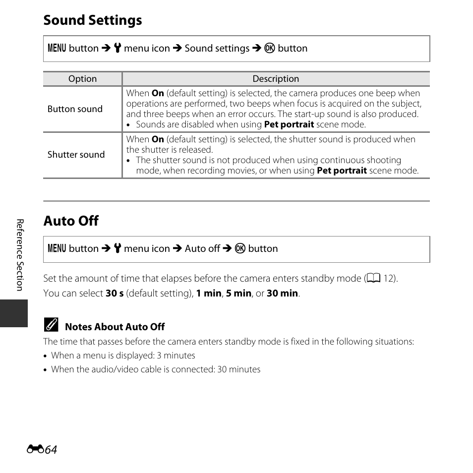 Sound settings, Auto off, E64) | Sound settings auto off | Nikon Coolpix A10 User Manual | Page 114 / 147