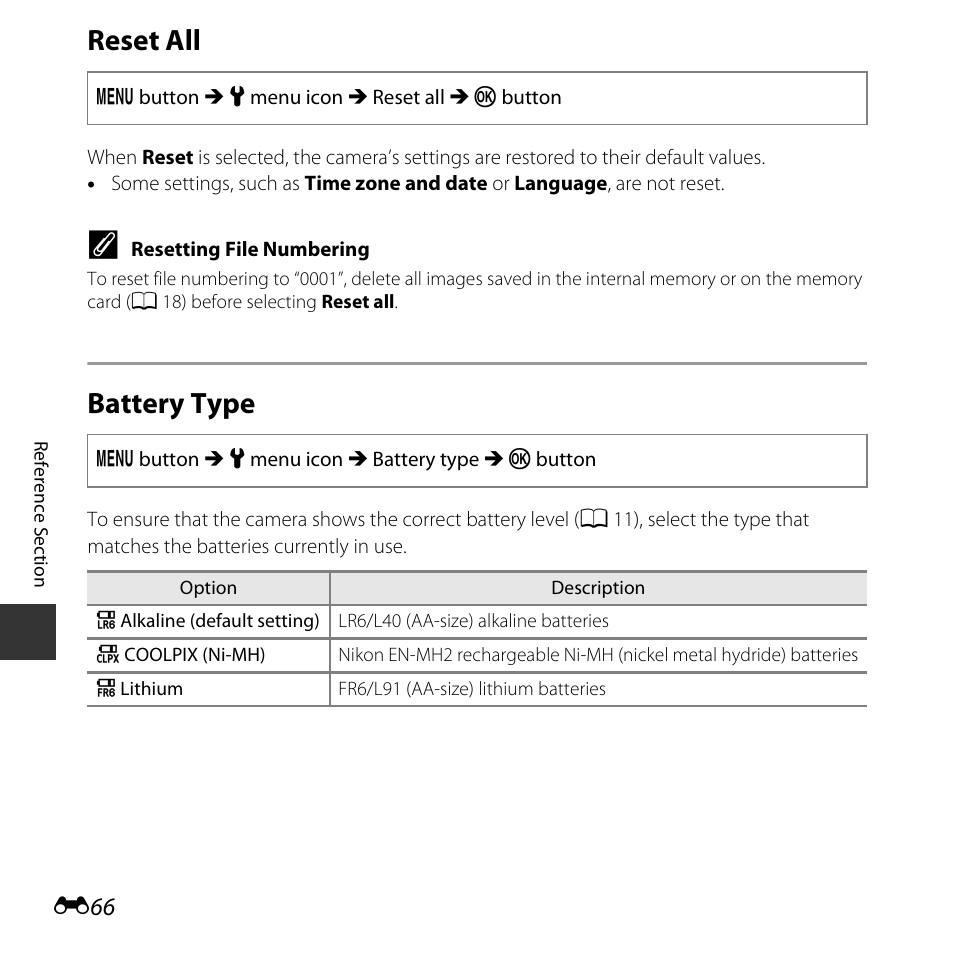 Reset all, Battery type | Nikon Coolpix A10 User Manual | Page 116 / 147