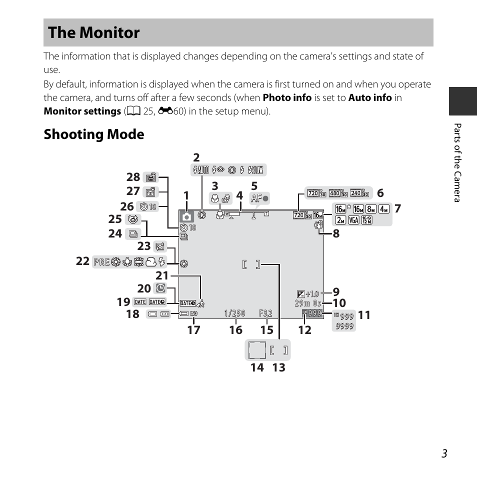 The monitor, Shooting mode | Nikon Coolpix A10 User Manual | Page 21 / 147