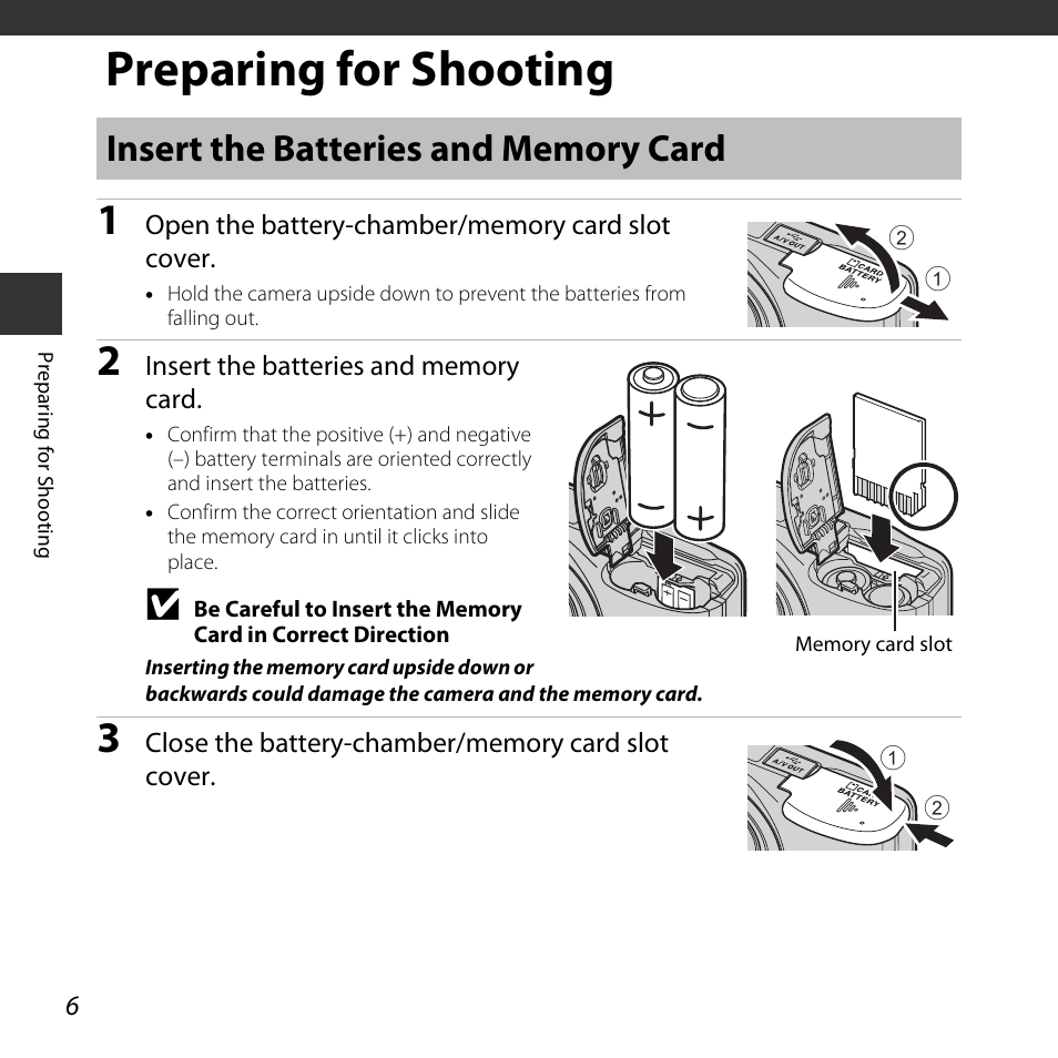 Preparing for shooting, Insert the batteries and memory card, A 6) a | Nikon Coolpix A10 User Manual | Page 24 / 147