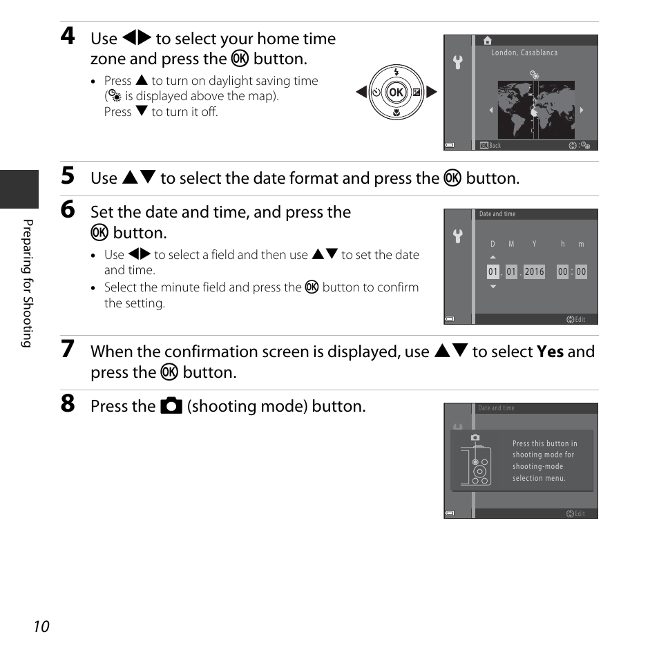 Set the date and time, and press the k button, Press the a (shooting mode) button | Nikon Coolpix A10 User Manual | Page 28 / 147