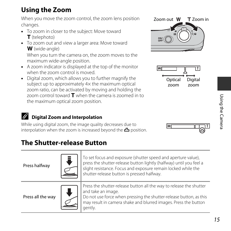 Using the zoom, The shutter-release button, Using the zoom the shutter-release button | A 15) | Nikon Coolpix A10 User Manual | Page 33 / 147