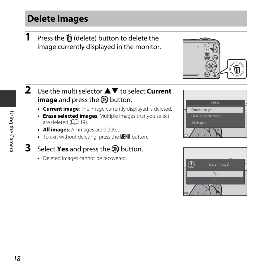 Delete images, Select yes and press the k button | Nikon Coolpix A10 User Manual | Page 36 / 147