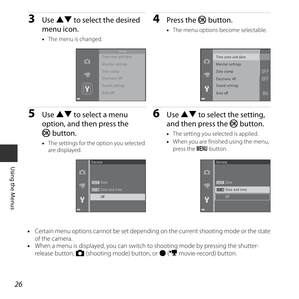 Use hi to select the desired menu icon, Press the k button | Nikon Coolpix A10 User Manual | Page 44 / 147