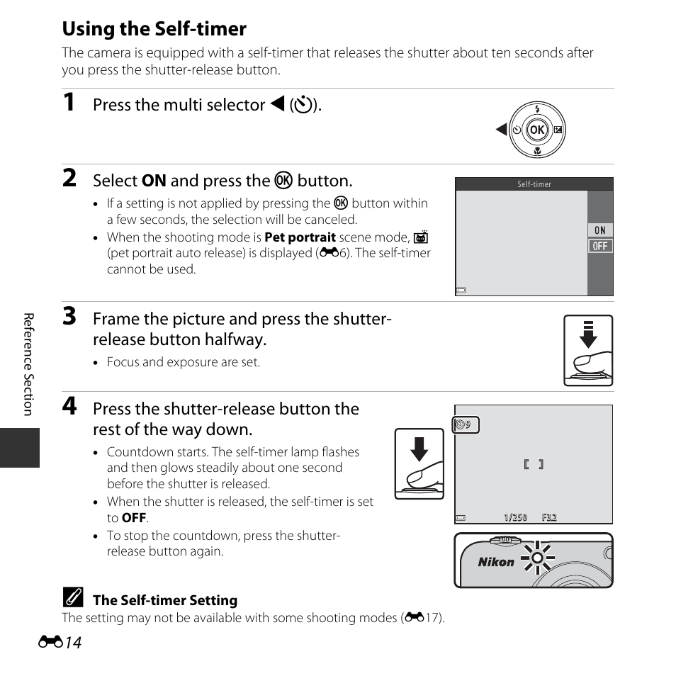 Using the self-timer, Imer (e14), E14) | Nikon Coolpix A10 User Manual | Page 64 / 147