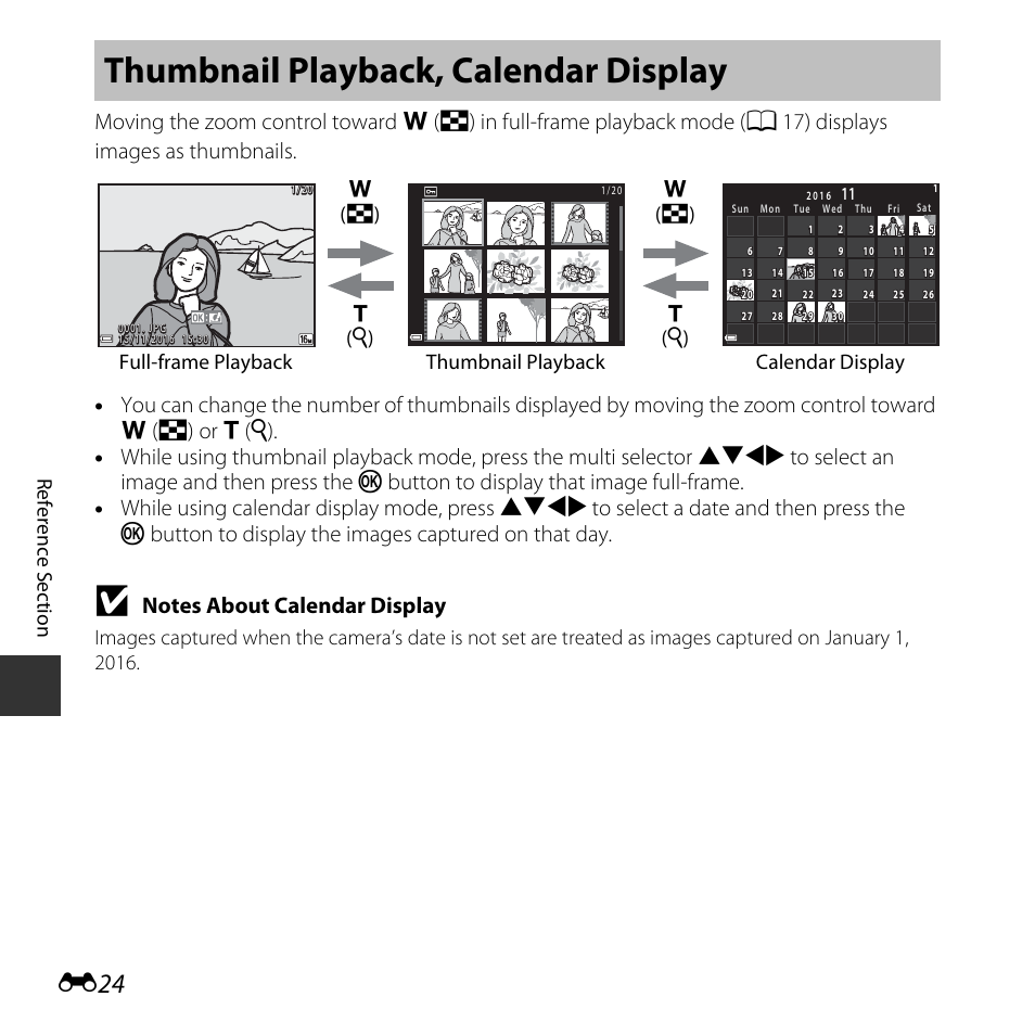 Thumbnail playback, calendar display, E24), Re fe ren ce s e ct io n | Nikon Coolpix A10 User Manual | Page 74 / 147