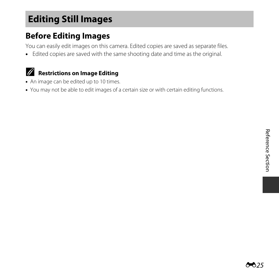 Editing still images, Before editing images | Nikon Coolpix A10 User Manual | Page 75 / 147