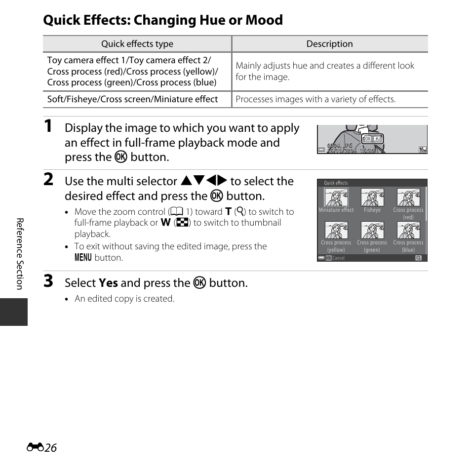 Quick effects: changing hue or mood, E26), Select yes and press the k button | Nikon Coolpix A10 User Manual | Page 76 / 147