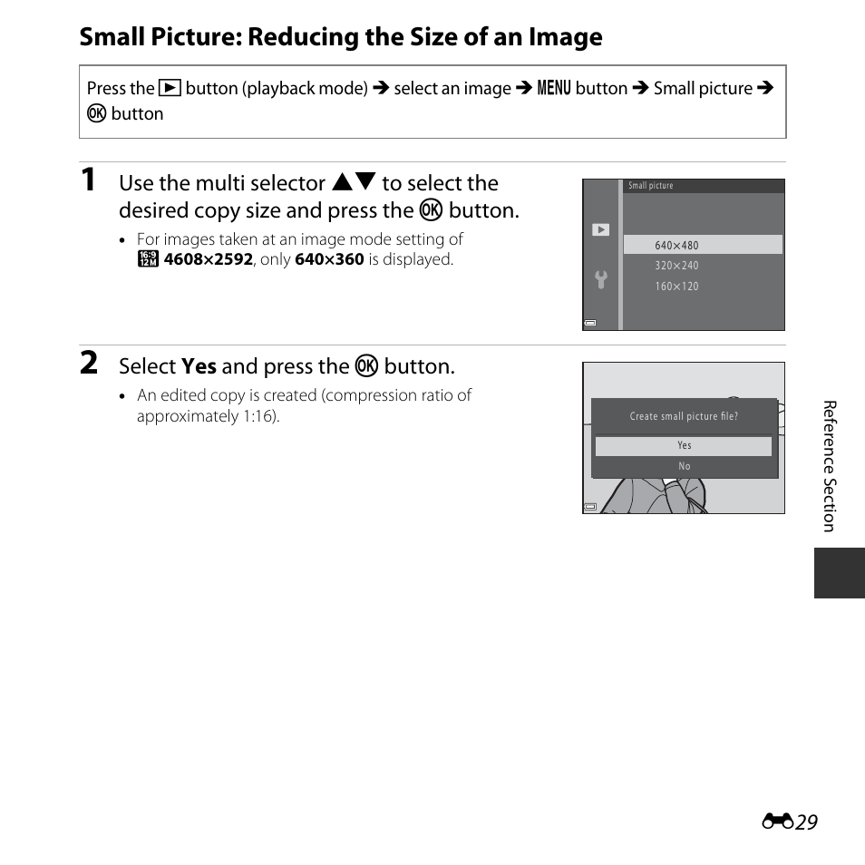 Small picture: reducing the size of an image, Select yes and press the k button | Nikon Coolpix A10 User Manual | Page 79 / 147