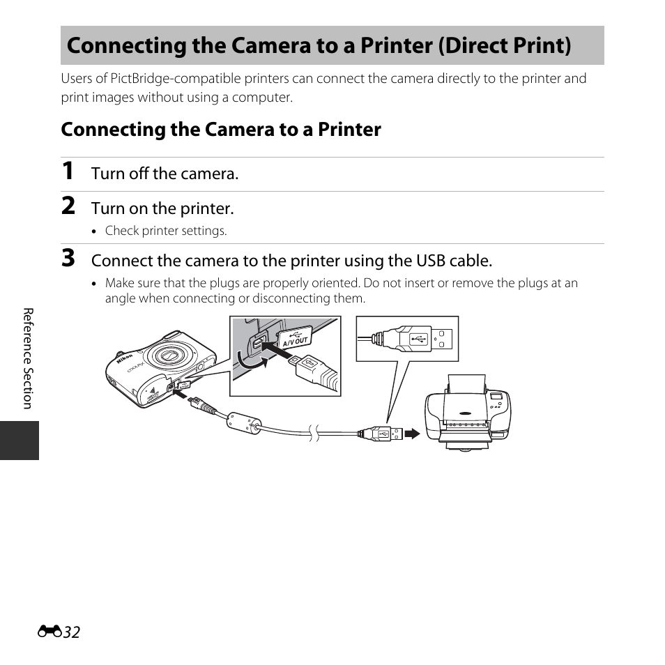 Connecting the camera to a printer (direct print), Connecting the camera to a printer | Nikon Coolpix A10 User Manual | Page 82 / 147