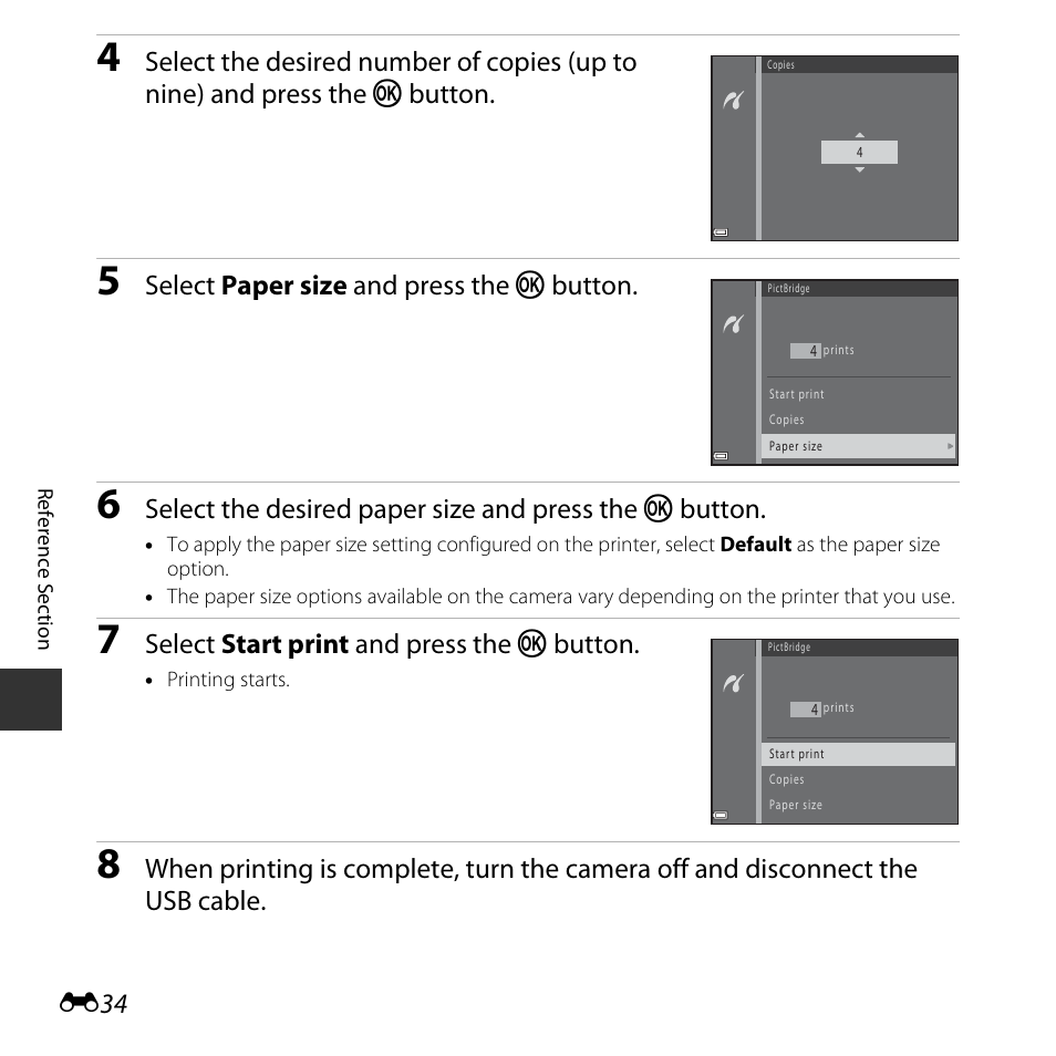 Select paper size and press the k button, Select start print and press the k button | Nikon Coolpix A10 User Manual | Page 84 / 147