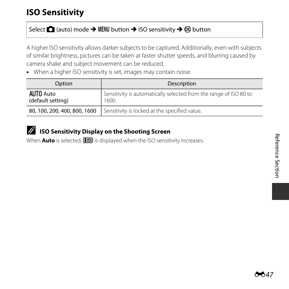 Iso sensitivity, E47) | Nikon Coolpix A10 User Manual | Page 97 / 147
