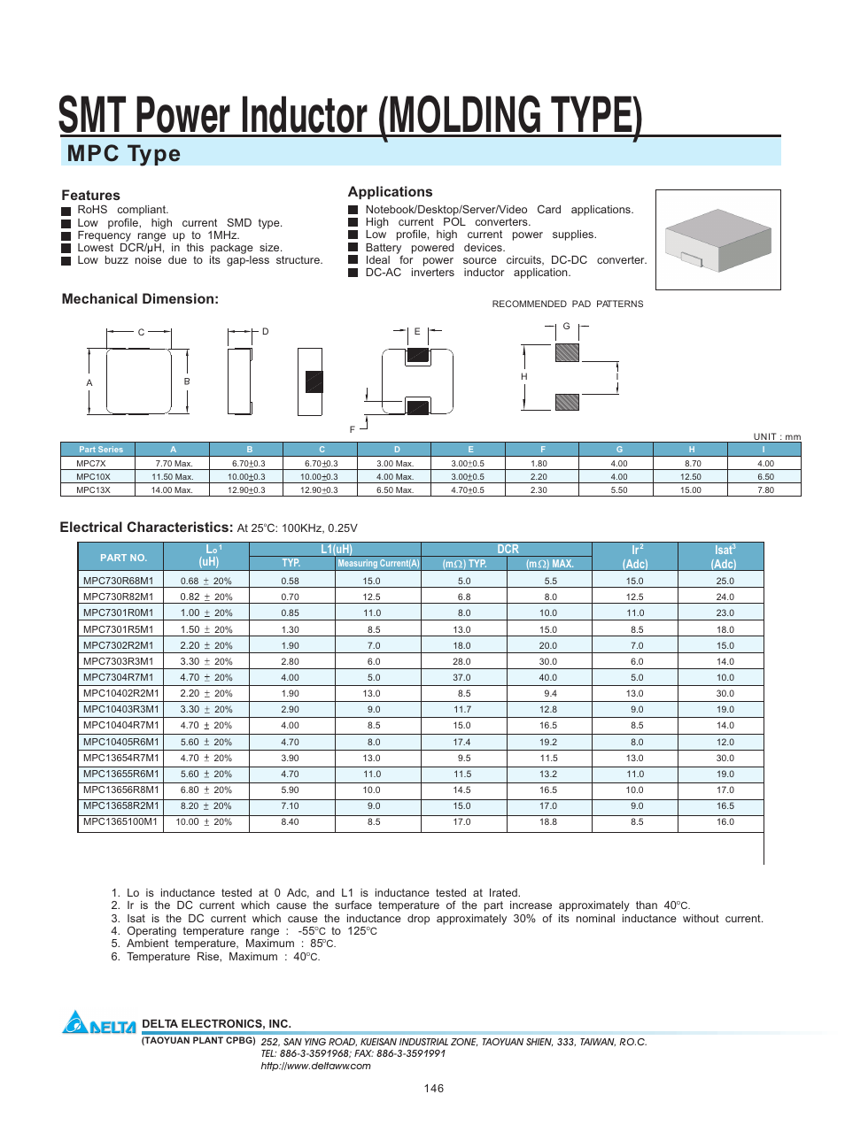 Delta Electronics SMT Power Inductor MPC13X User Manual | 1 page