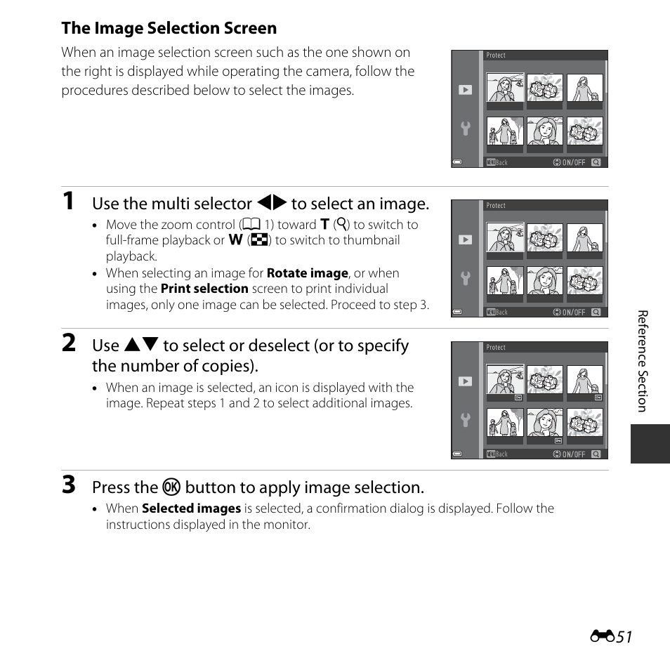 The image selection screen, Use the multi selector jk to select an image, Press the k button to apply image selection | Nikon Coolpix L31 User Manual | Page 101 / 147