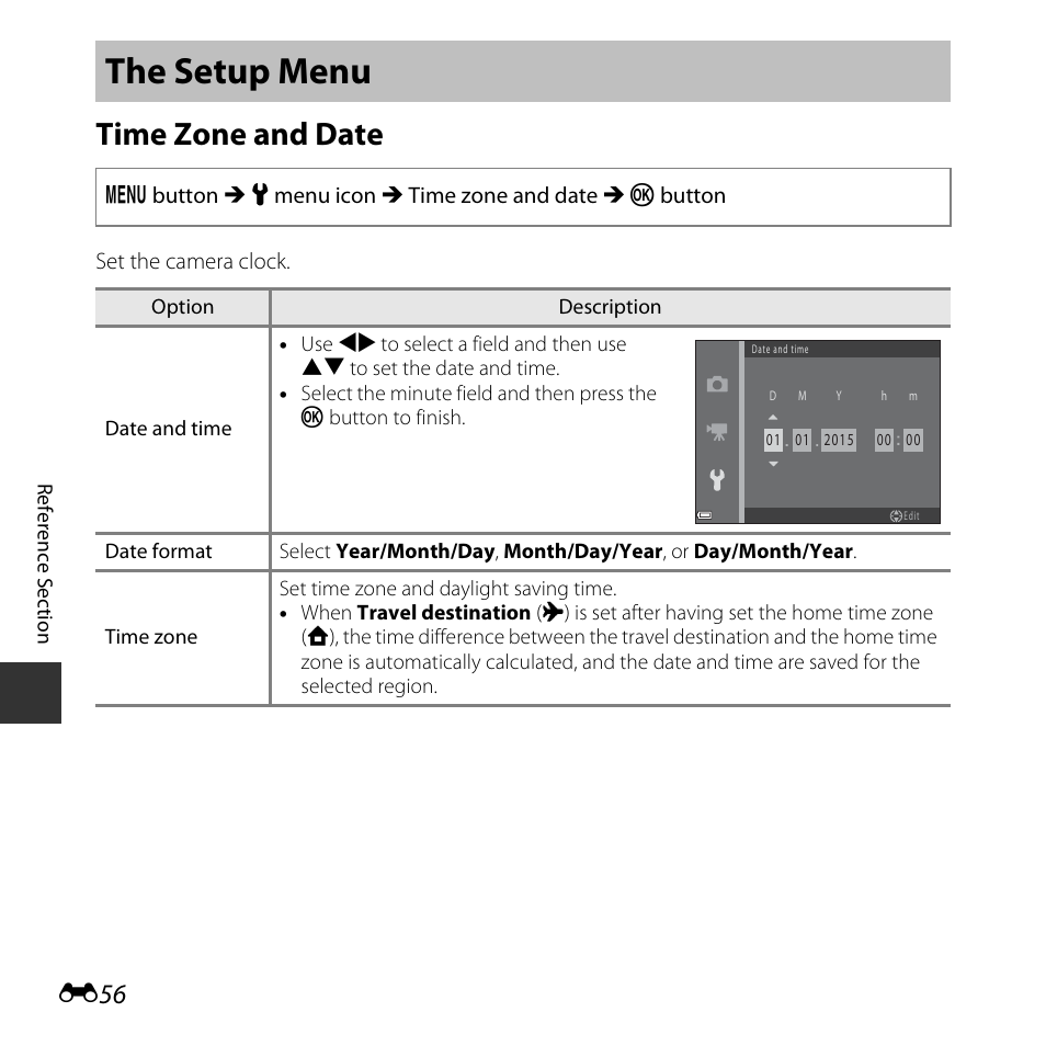 The setup menu, Time zone and date, E56) | Nikon Coolpix L31 User Manual | Page 106 / 147